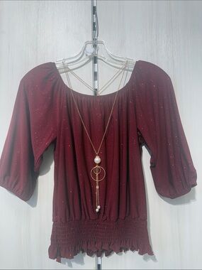 Burgundy Glitter Off-Shoulder Peplum Top